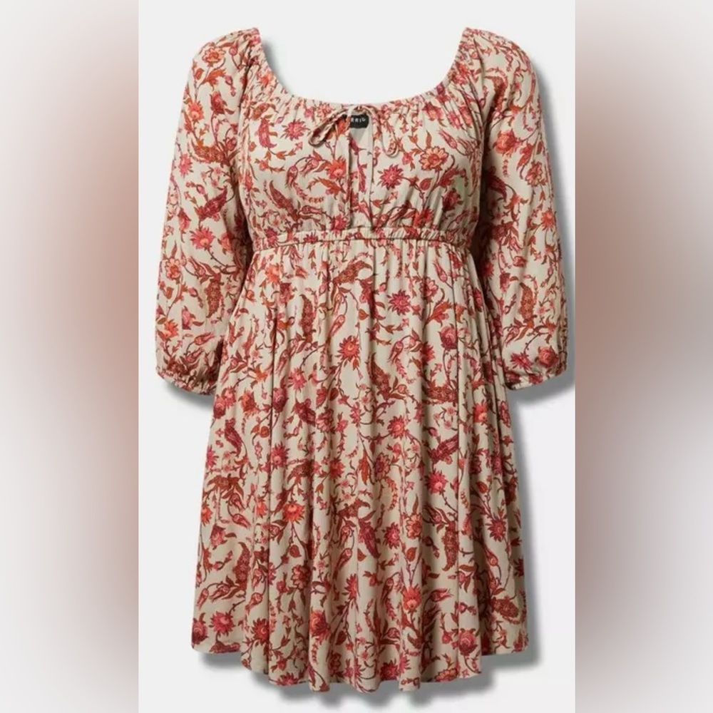 Torrid Paisley Mini 3/4 Sleeve Tie Front Detail Babydoll Dress Size 1X (14/16)